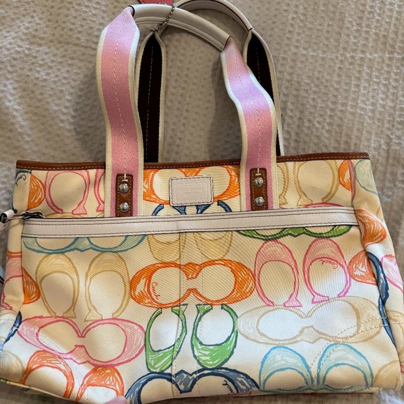 Coach Hampton Pink Cream Multi-Color Signature Scribble Tote Bag - Picture 1 of 5